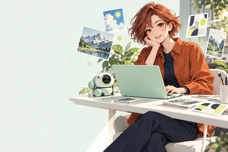 An illustrated creative studio with an editor and camera companion